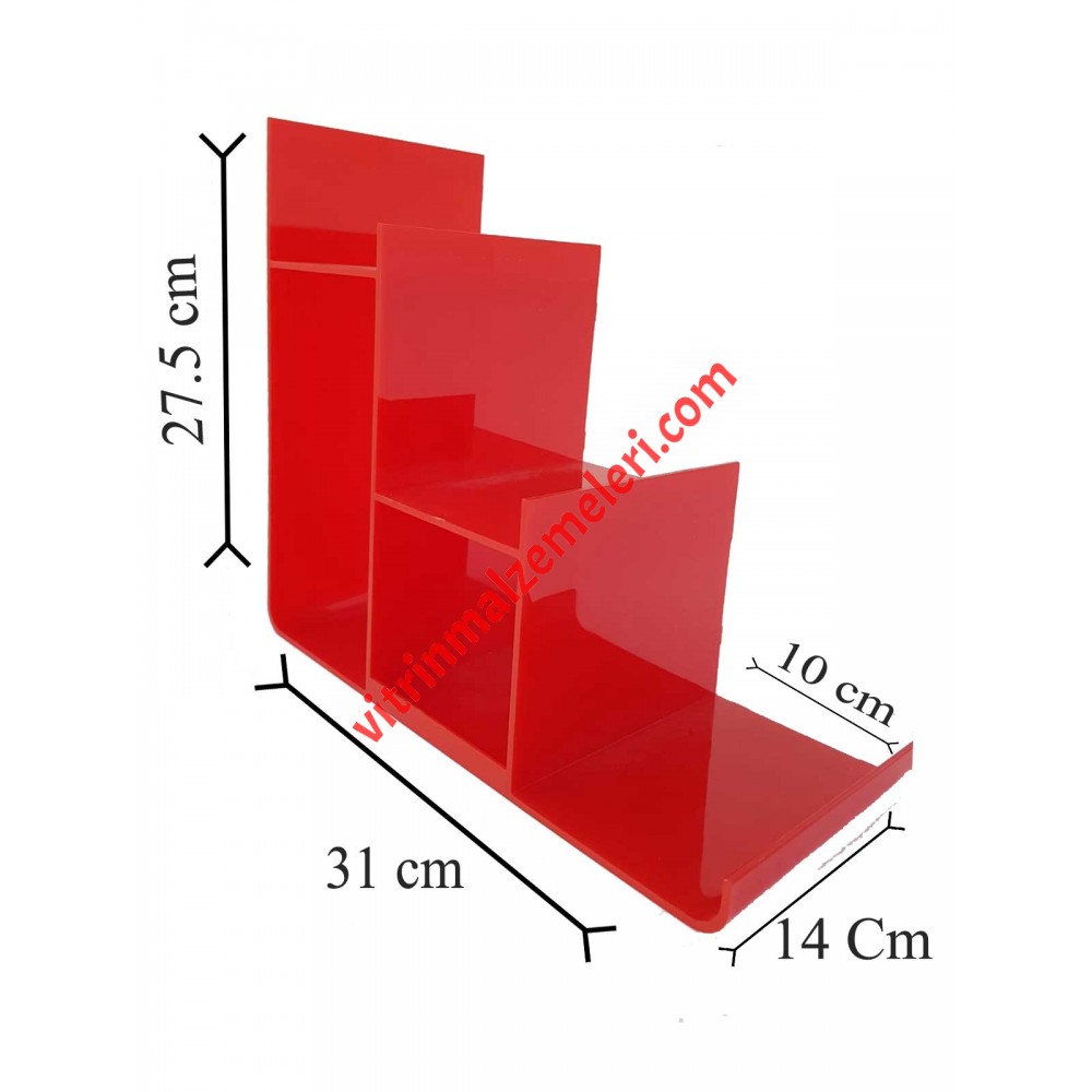 Çanta Cüzdan Teşhir Standı Plastik Üç Katlı Kırmızı